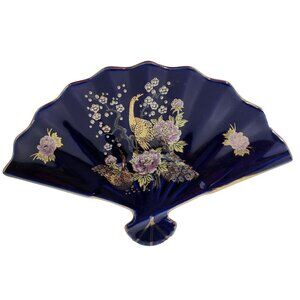 VTG Kutani Japanese Fan Shaped Ceramic Cobalt Blue Gold Floral Tray Trinket Dish